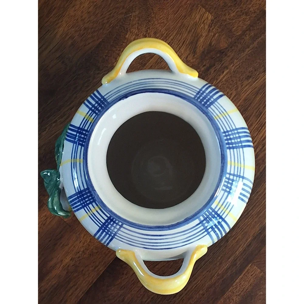 Vintage Ceramic Vase Blue Yellow 3D Lemon 10.5